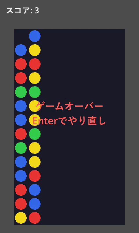 Godot で作った落ちものパズルのゲームオーバーの画面。盤面の左から2列目の玉が一番上の段に達してゲームオーバーになっている。1列目もほぼ同じ高さまで積み上がっているが、右側の6列は空いている。中央に「ゲームオーバー」「Enterでやり直し」の文字が赤で表示されている