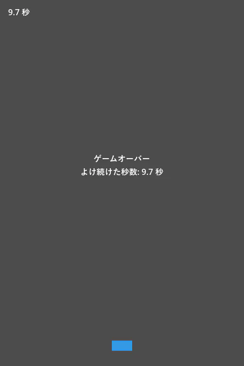 弾に当たったあとの画面。中央に「ゲームオーバー」とよけ続けた秒数が出ている