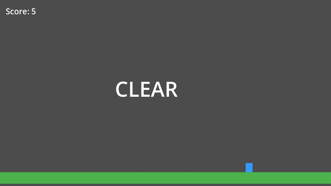 直したあとのゲームを窓のある Godot で動かし、コインを5枚取った画面。左上に Score: 5、真ん中に CLEAR の文字が出ている