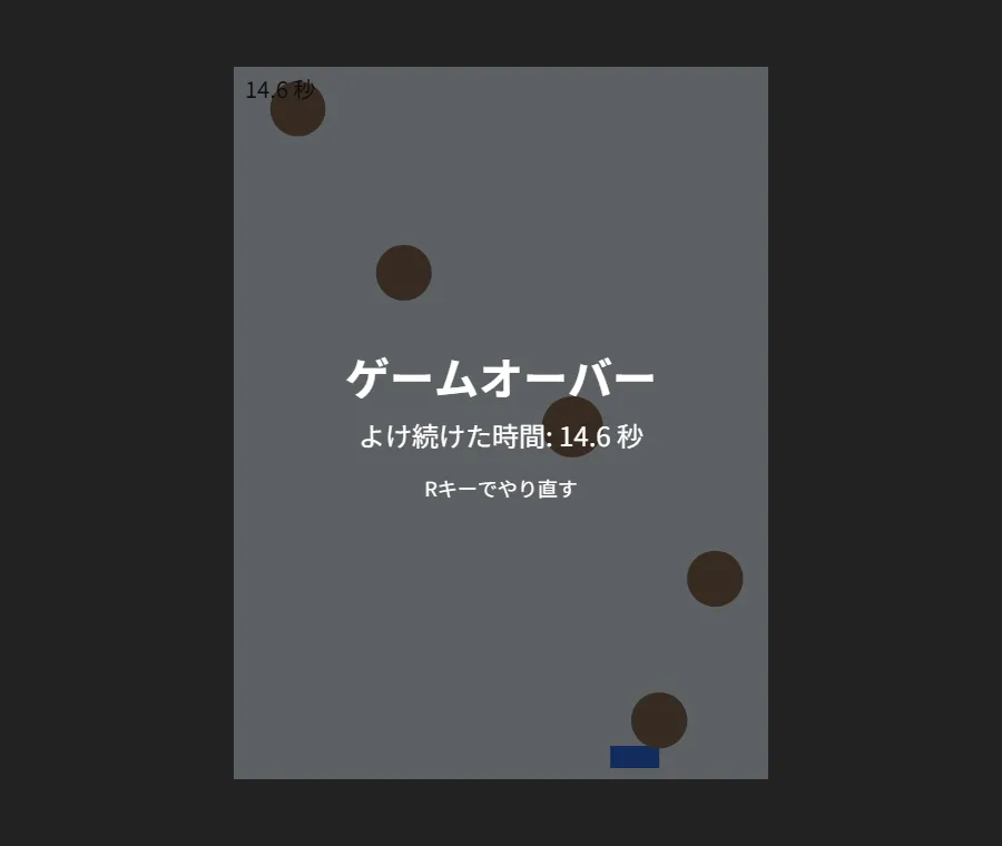 同じゲームで岩に当たったあとの画面。画面中央に「ゲームオーバー」「よけ続けた時間: 14.6 秒」「Rキーでやり直す」の文字が出ている