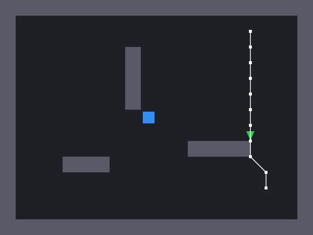 Claude Code が作ったままのプロジェクトを600回の物理の更新だけ動かした画面。緑の三角の敵が横長の灰色の壁の右端の上で止まり、試しの台本で重ねた白い道の点が、壁の右の辺の上に縦に並んでいる