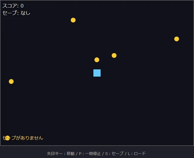 Claude Codeが作ったゲームを開き、セーブが無いまま L キーを押した画面。左上に「セーブ: なし」、左下に「セーブがありません」が出ている